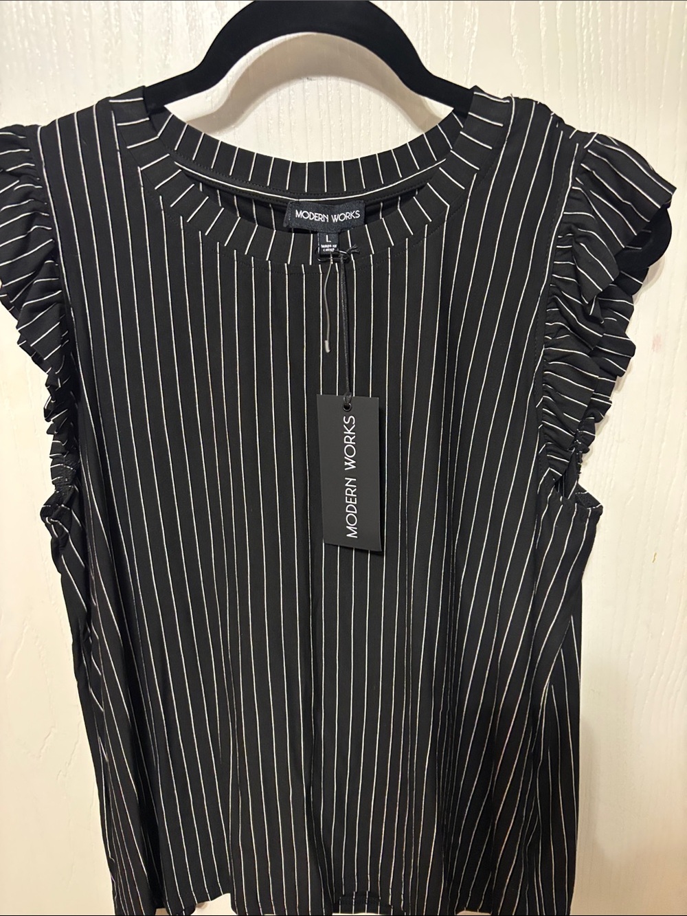 Modern Works Black Pinstripe Ruffle Sleeve Blouse